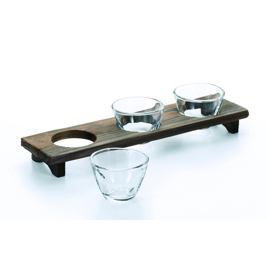 SAMMI-ZAMMAI THREE SAKE CUP WITH WOOD TRAY SET - ASSORTED - ADERIA # S-5408