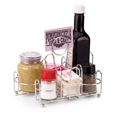 WIRE RACK CONDIMENT CADDY - HOLDS TWO SALT & PEPPER SHAKERS, STEAK SAUCE/KETCHUP, AND SUGAR PACKETS WITH CARDHOLDER - STAINLESS STEEL - VOLLRATH # WR-1000